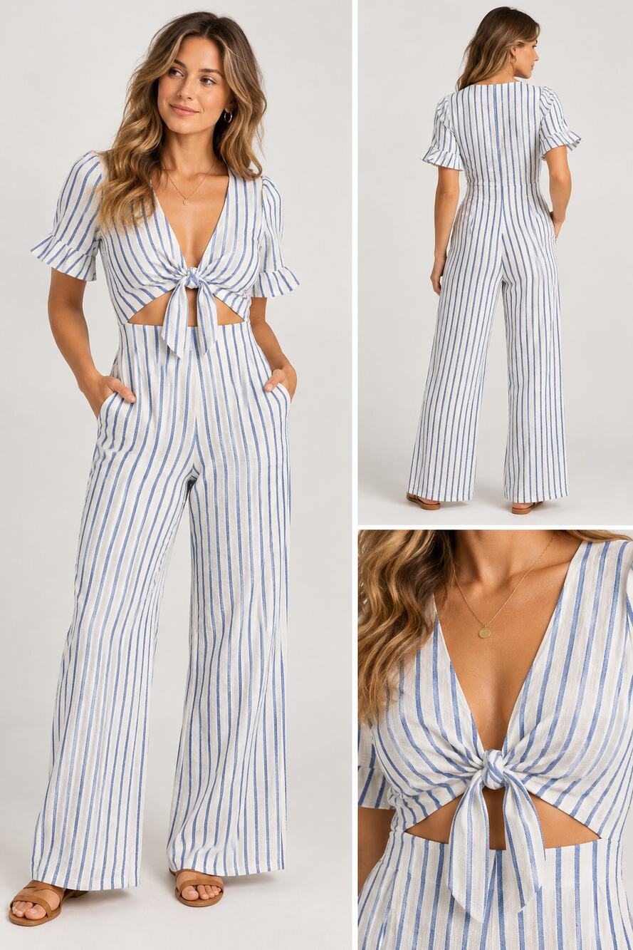 ASOS Women’s US 4 Blue White Striped Tie Front Wide Leg Jumpsuit Cutout